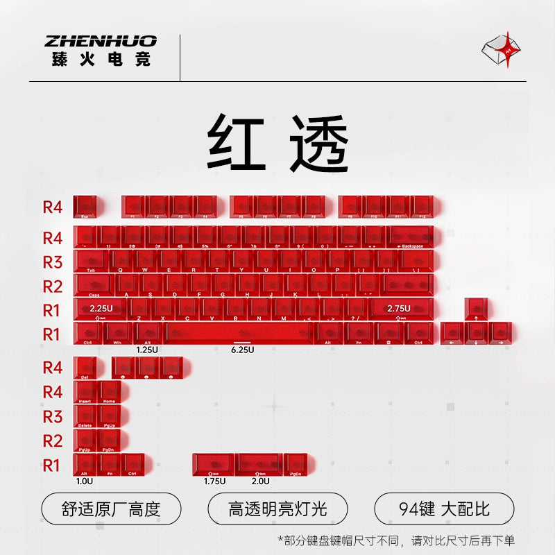 ZHENHUO Glow-Through Keycaps - Frosted Top + 4-Side Clear Design Fits 68%/ 75%/ 100%/Fullsize Layouts | Ergo Cherry Profile | PC Mechanical Keyboard Keycap Set - ZHENHUO GEAR
