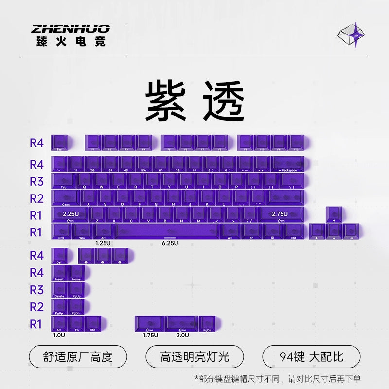 ZHENHUO Glow-Through Keycaps - Frosted Top + 4-Side Clear Design Fits 68%/ 75%/ 100%/Fullsize Layouts | Ergo Cherry Profile | PC Mechanical Keyboard Keycap Set - ZHENHUO GEAR