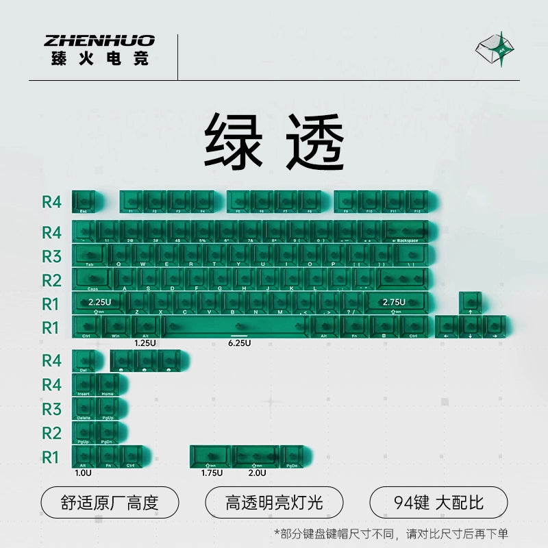 ZHENHUO Glow-Through Keycaps - Frosted Top + 4-Side Clear Design Fits 68%/ 75%/ 100%/Fullsize Layouts | Ergo Cherry Profile | PC Mechanical Keyboard Keycap Set - ZHENHUO GEAR