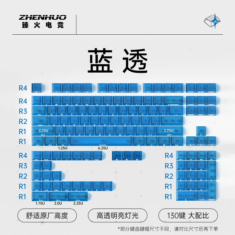 ZHENHUO Glow-Through Keycaps - Frosted Top + 4-Side Clear Design Fits 68%/ 75%/ 100%/Fullsize Layouts | Ergo Cherry Profile | PC Mechanical Keyboard Keycap Set - ZHENHUO GEAR