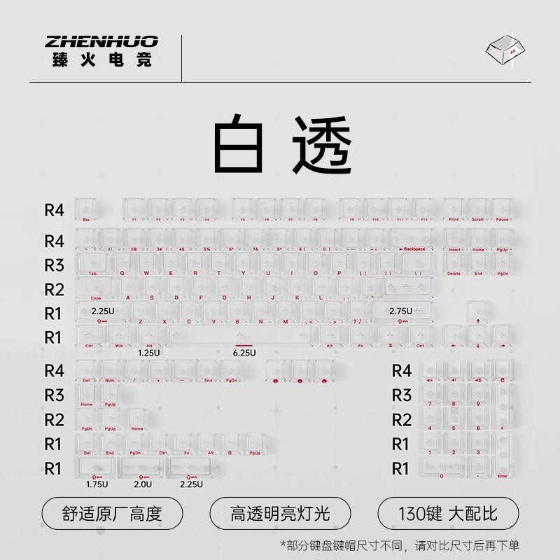 ZHENHUO Glow-Through Keycaps - Frosted Top + 4-Side Clear Design Fits 68%/ 75%/ 100%/Fullsize Layouts | Ergo Cherry Profile | PC Mechanical Keyboard Keycap Set - ZHENHUO GEAR