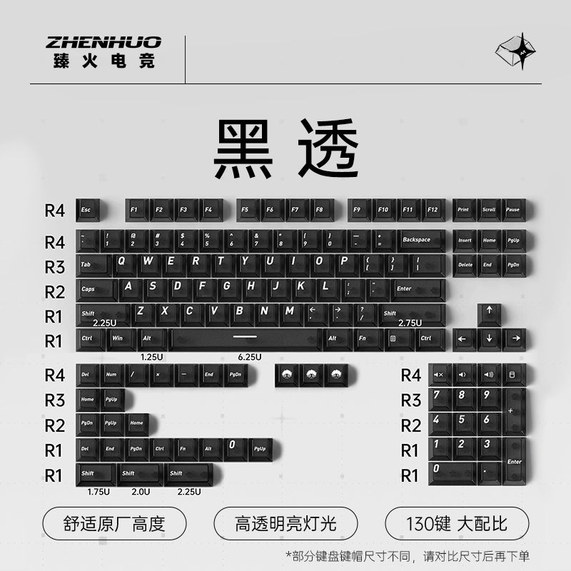 ZHENHUO Glow-Through Keycaps - Frosted Top + 4-Side Clear Design Fits 68%/ 75%/ 100%/Fullsize Layouts | Ergo Cherry Profile | PC Mechanical Keyboard Keycap Set - ZHENHUO GEAR