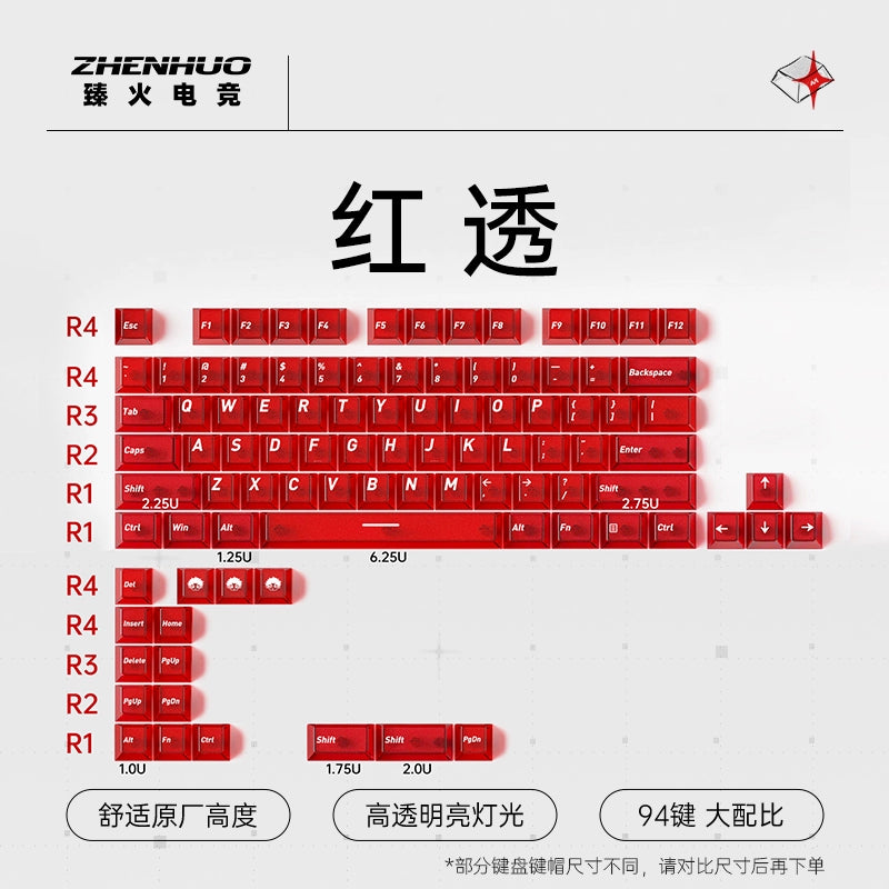ZHENHUO Glow-Through Keycaps - Frosted Top + 4-Side Clear Design Fits 68%/ 75%/ 100%/Fullsize Layouts | Ergo Cherry Profile | PC Mechanical Keyboard Keycap Set - ZHENHUO GEAR
